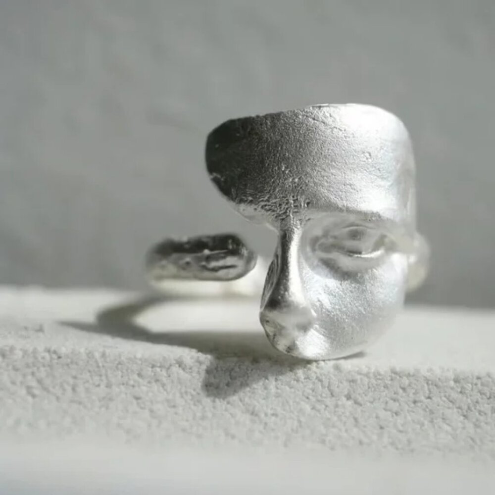 Abstract Silver Face Ring Modern Art Statement Adjustable